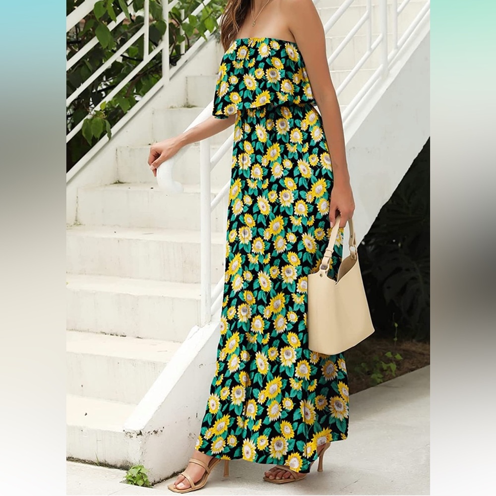 New Women's Off The Shoulder Maxi Ruffle Strapless navy sunflower Dress. Size S